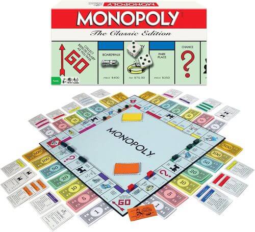 Classic Games: Monopoly board, tokens, money, and other items