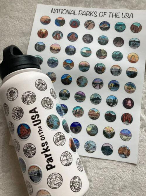 Water bottle with spaces to add stickers for each National Park as you visit