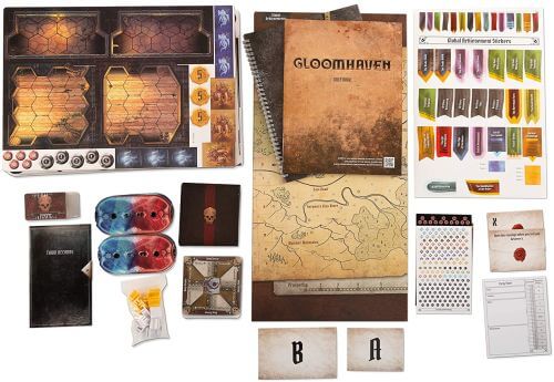 Solo Board Games: Gloomhaven cards, map, game pieces, and other equipment
