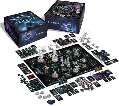 Best Solo Board Games: Nemesis board, cards, miniatures, and box
