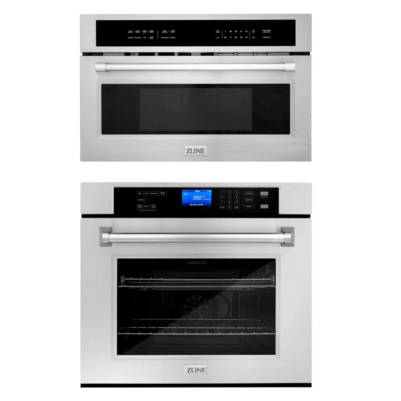 ZLINE Stainless Steel 30 in. Built-in Convection Microwave Oven and 30 in. Single Wall Oven with Self Clean (2KP-MW30-AWS30) - white background