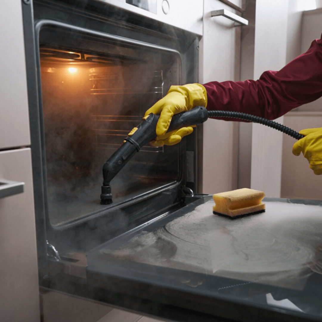 stock image of someone steam cleaning the inside of their oven