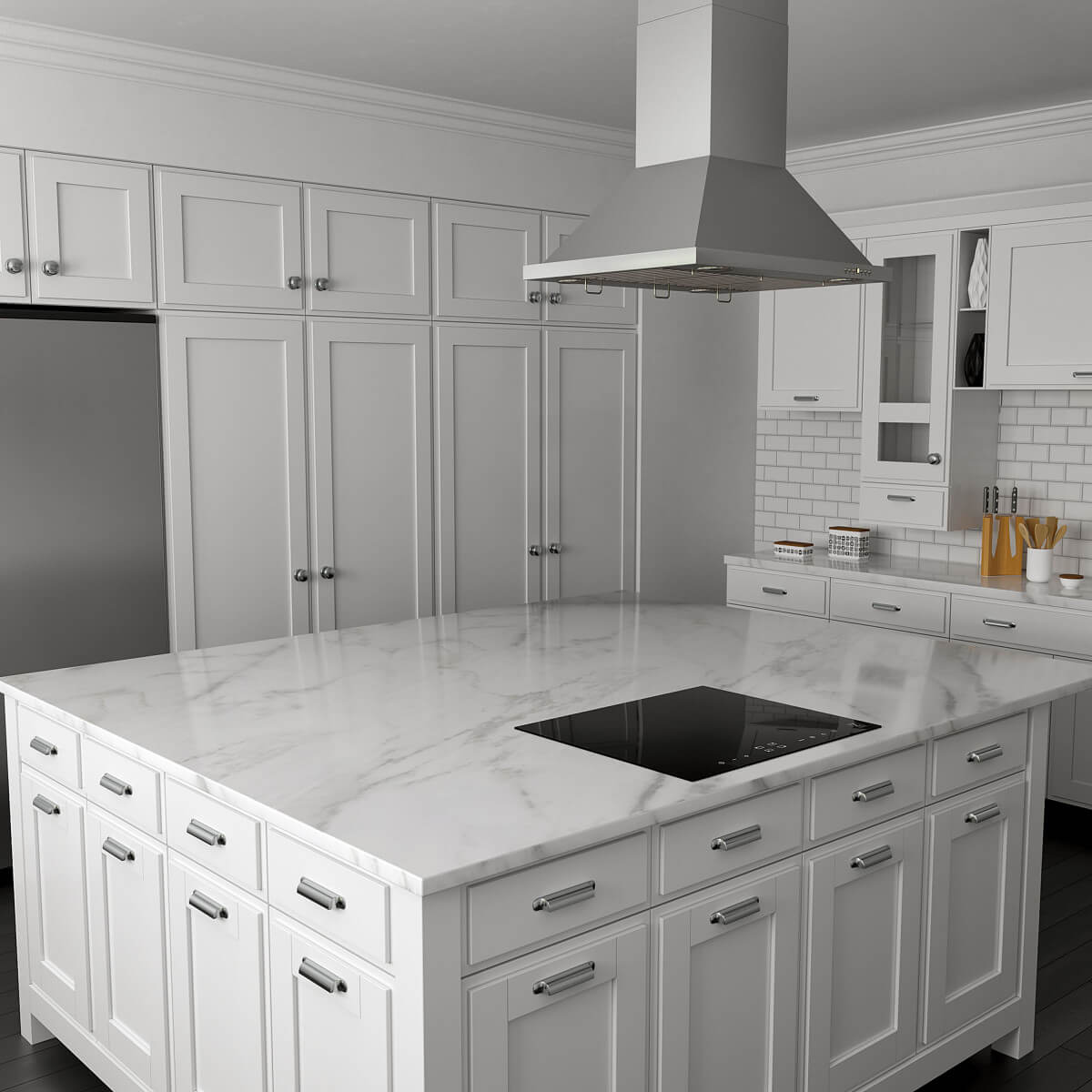 ZLINE induction cooktops in white marble kitchen with island range hood
