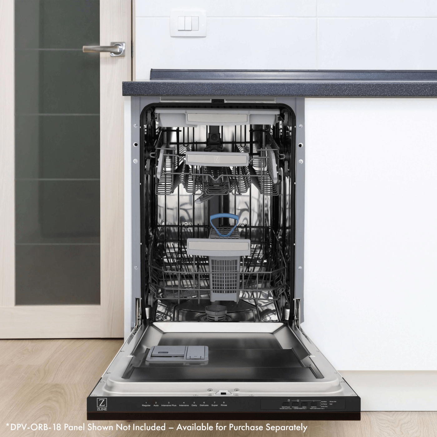 ZLINE 18" Tallac Series 3rd Rack Top Control Dishwasher in Custom Panel Ready with Stainless Steel Tub, 51dBa (DWV-18) - lifestyle