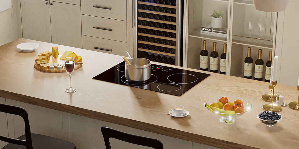 Empava Cooktop Induction Lifestyle - white kitchen and cooktop is placed in the center of the island