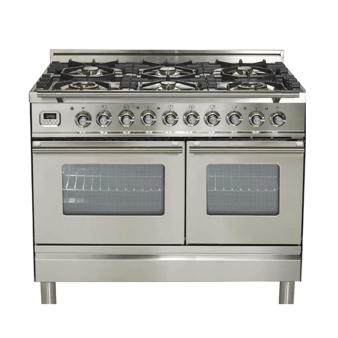 ILVE 40 in. Nostalgie Series Freestanding Dual Fuel Range in Stainless Steel with Chrome Trim with Multiple Gas Options (UPDW1006DMP) - white background