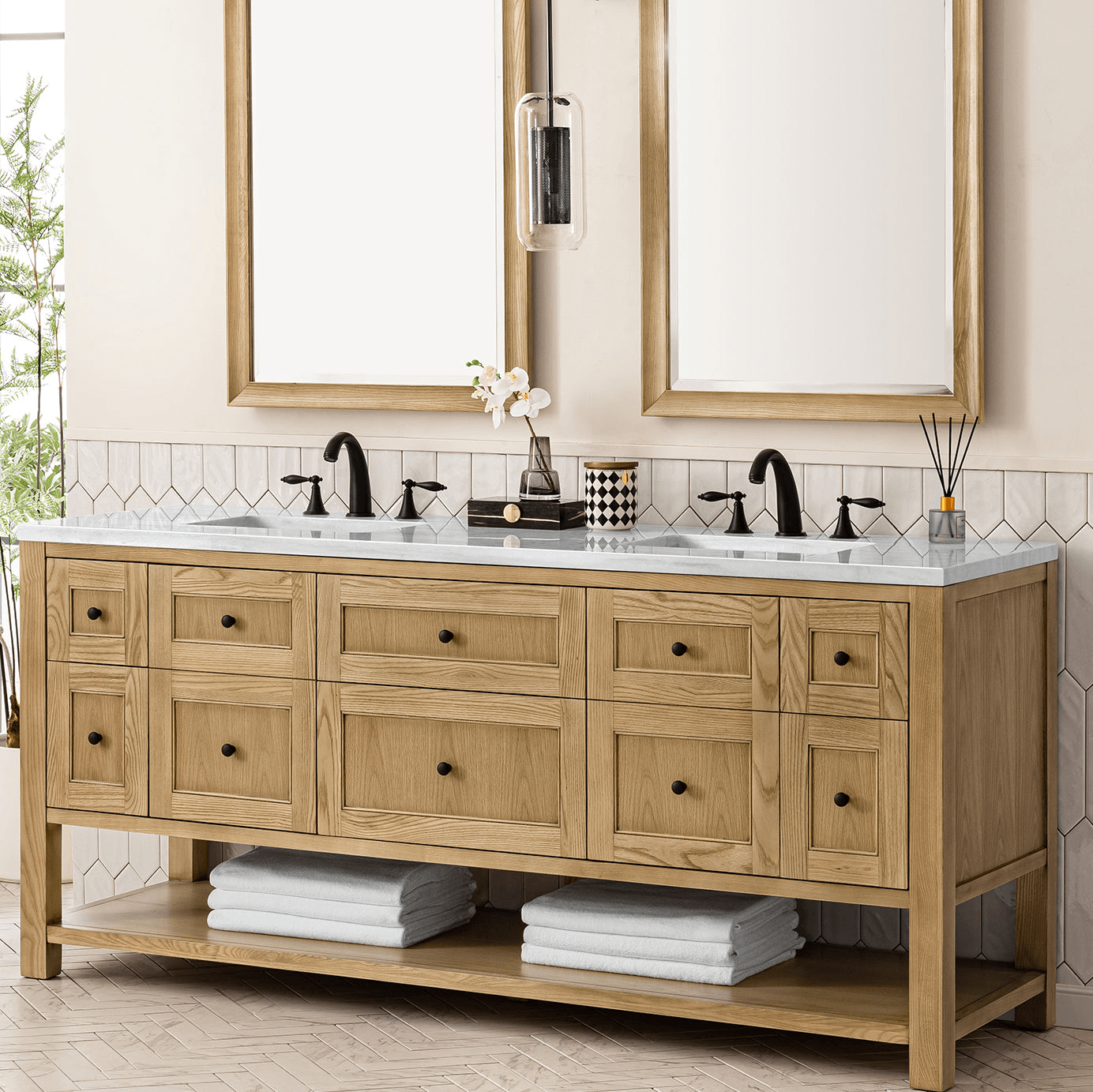 James Martin 72 in. Double Vanity in Light Natural Oak - Lifestyle