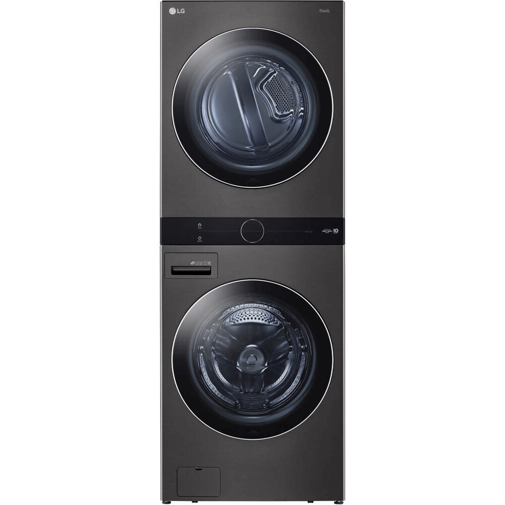 LG Single Unit Gas WashTower with Center Control, Black Steel - white background