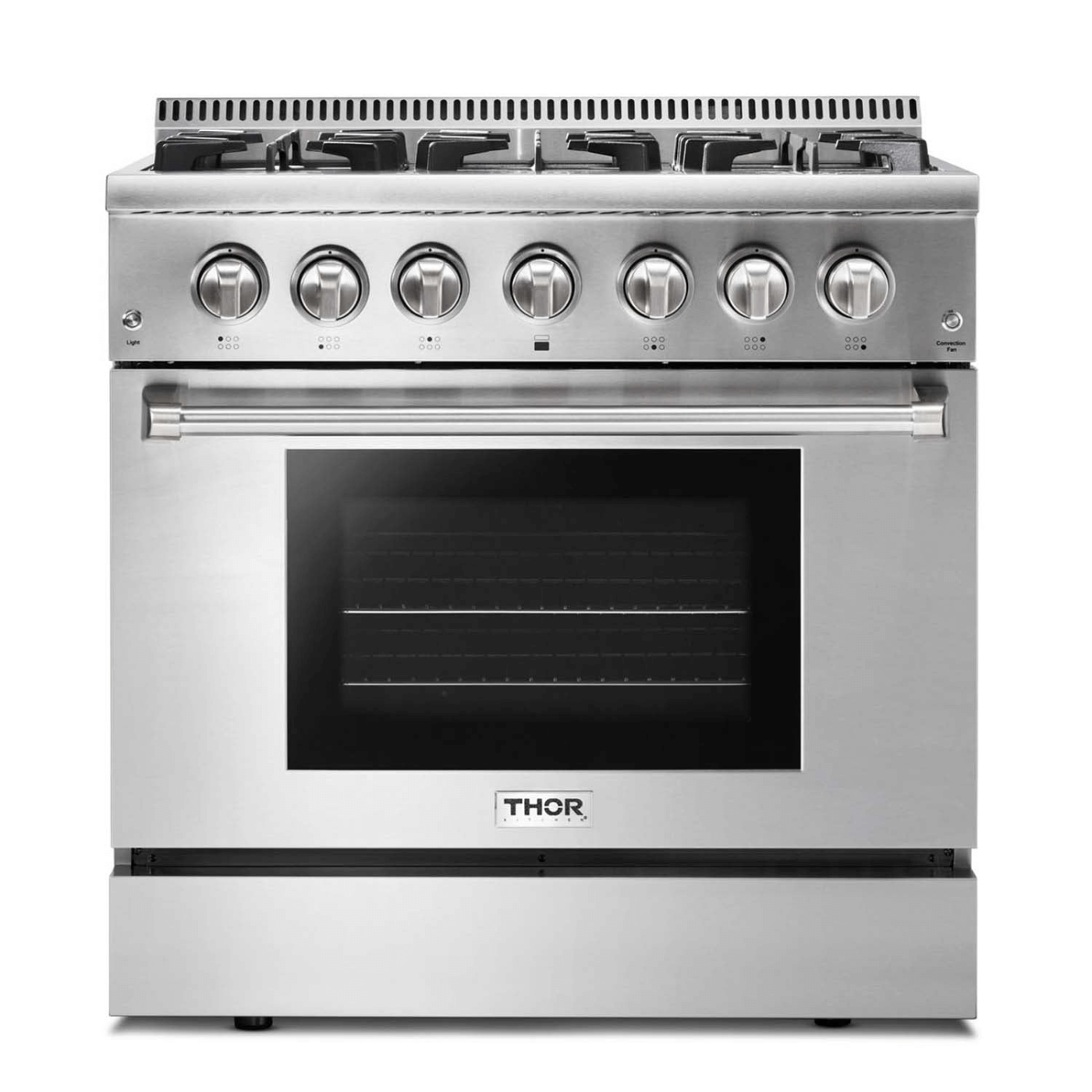 Thor Kitchen 36" Professional Dual Fuel Gas Range in Stainless Steel - white background