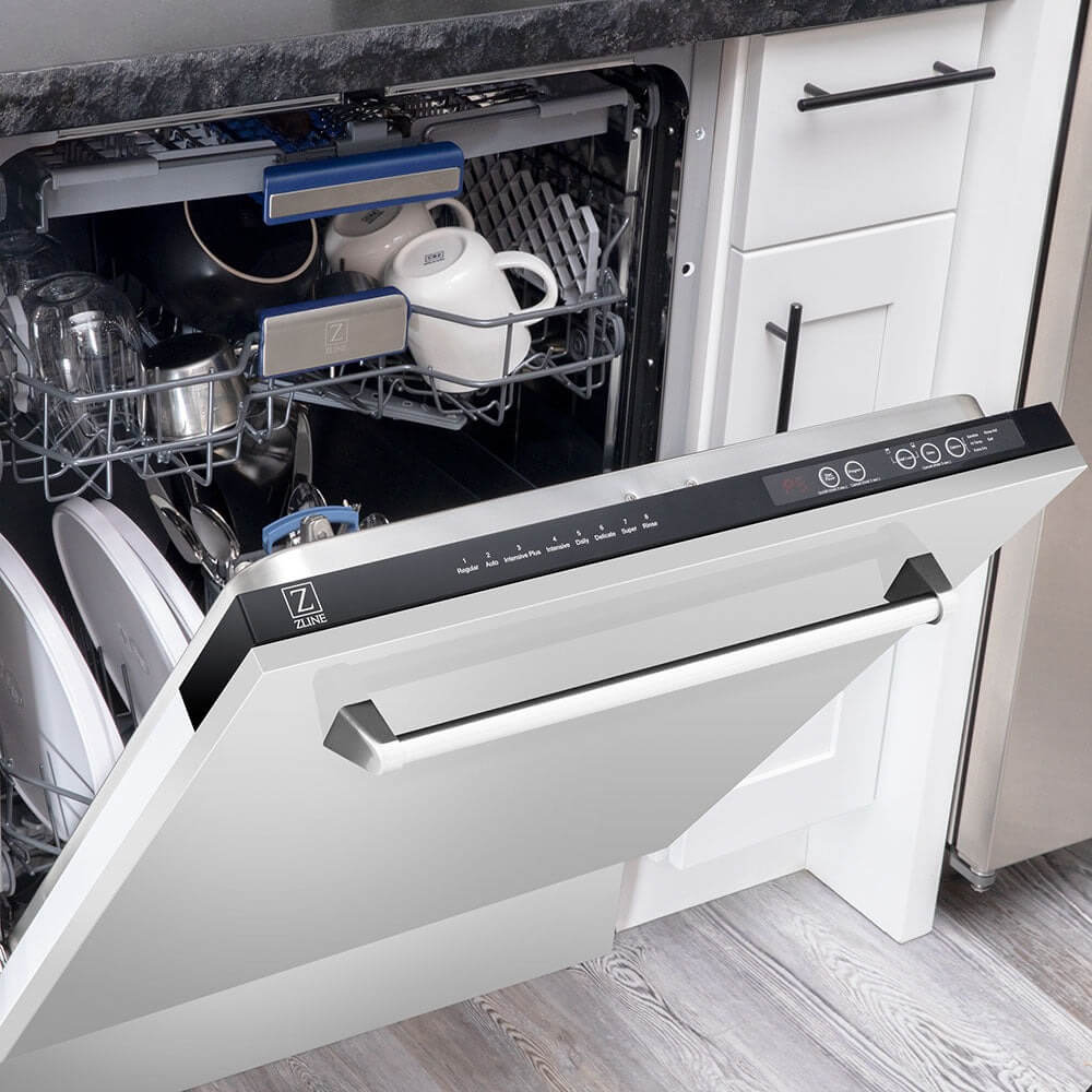 An open ZLINE dishwasher with visible dishes and utensils inside, featuring a sleek stainless steel panel with touch controls and LED display, integrated into a modern kitchen with white cabinetry and hardwood floors.