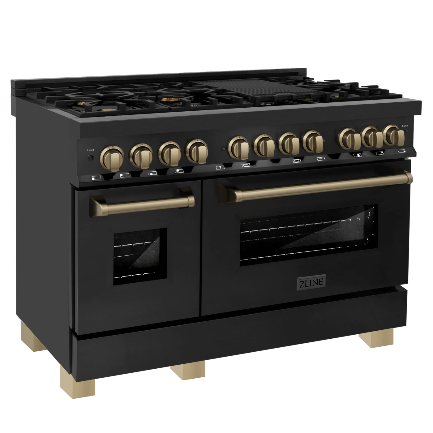 ZLINE Autograph Edition 48 in. 6.0 cu. ft. Dual Fuel Range with Gas Stove and Electric Oven in Black Stainless Steel with Champagne Bronze Accents (RABZ-48-CB) - white background