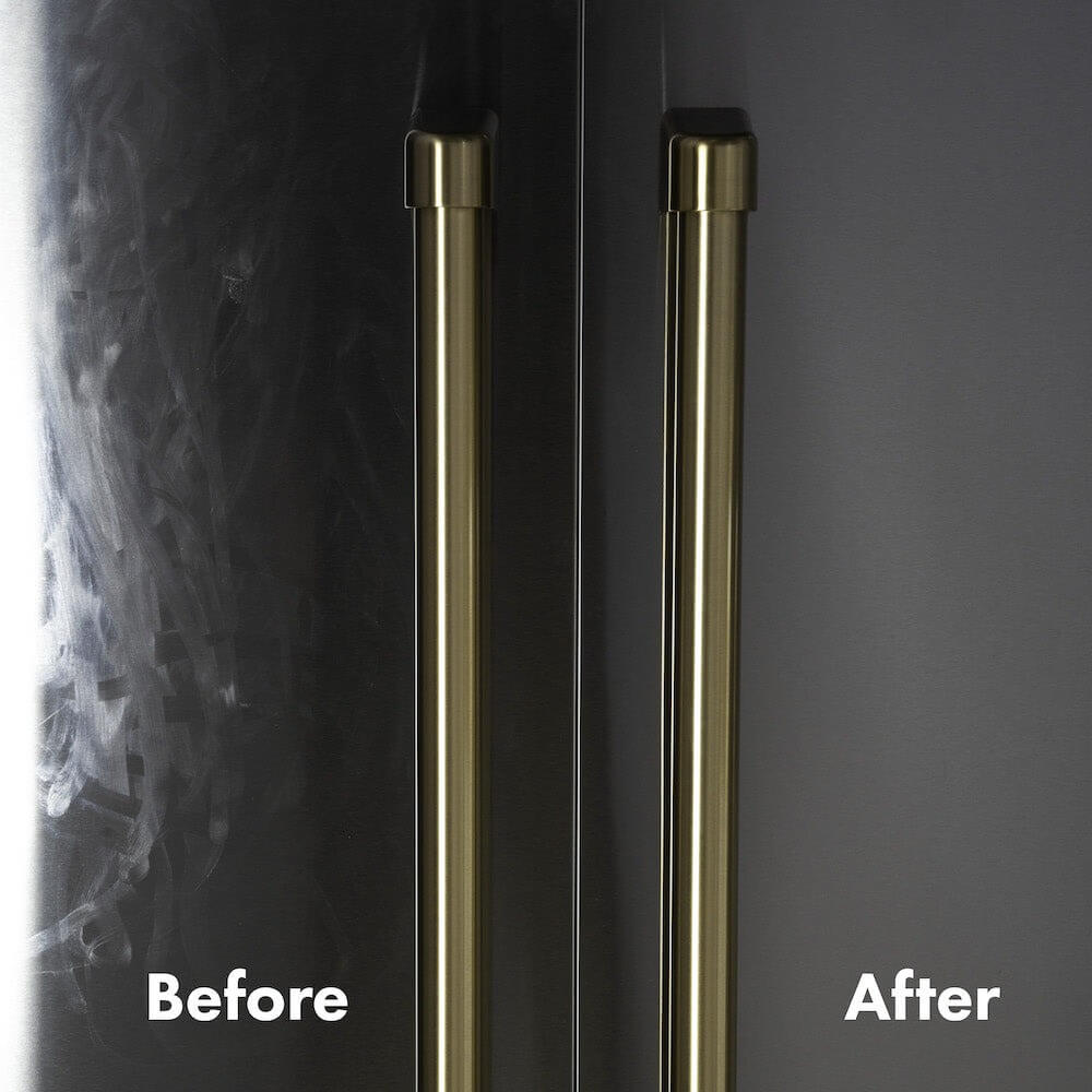 A side-by-side comparison of a stainless steel refrigerator door: on the left, labeled 'Before,' the surface is smudged and streaked; on the right, labeled 'After,' the surface is clean and polished