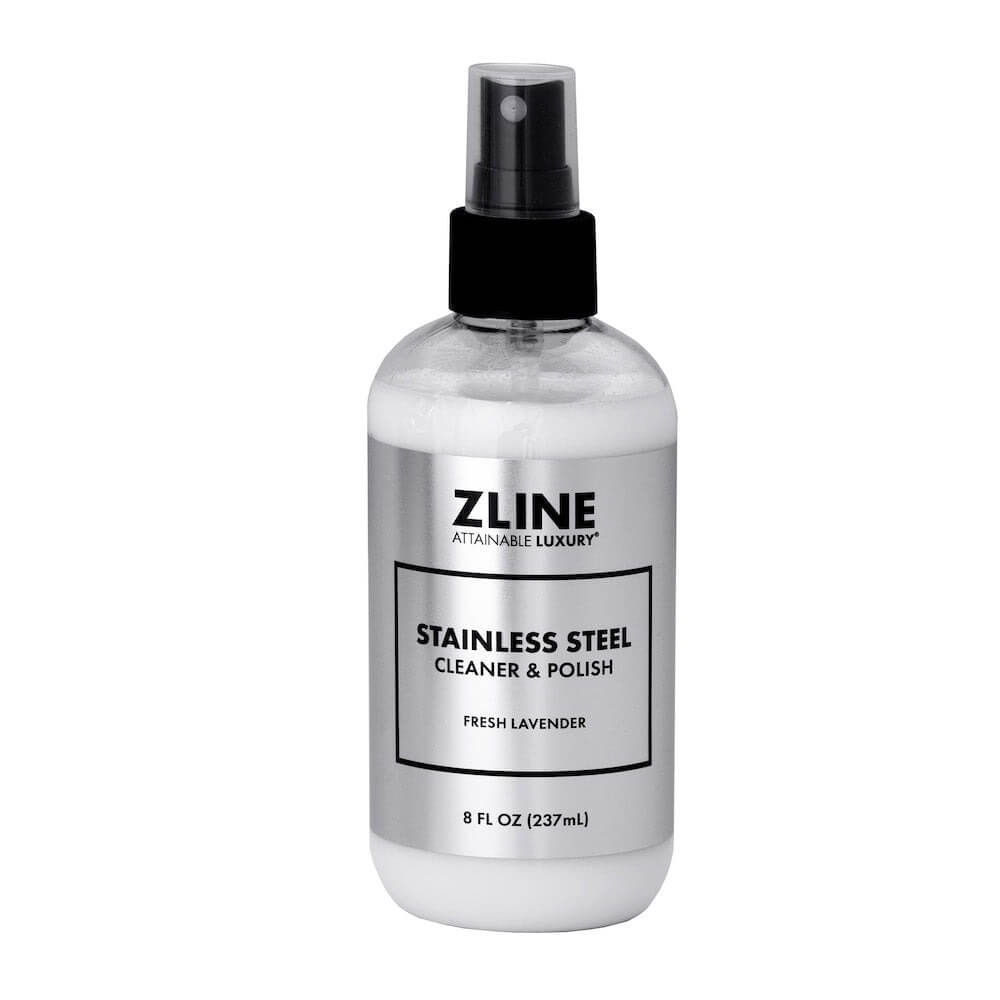 A bottle of ZLINE Stainless Steel Cleaner & Polish with a fresh lavender scent, the label specifies the content as 8 FL OZ (237ml).