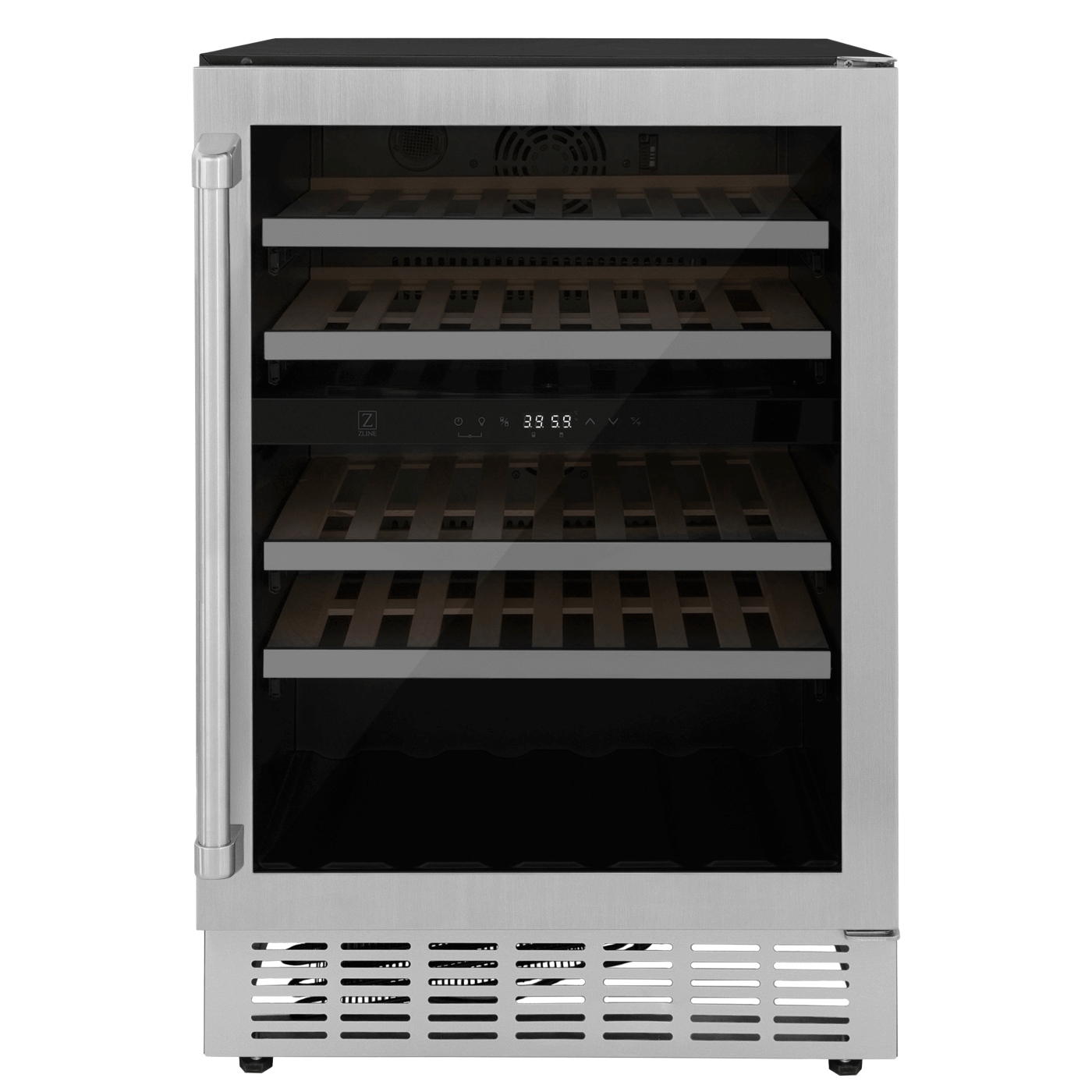 ZLINE 24 In. Monument Dual Zone 44-Bottle Wine Cooler in Stainless Steel with Wood Shelf (RWV-UD-24) - white background