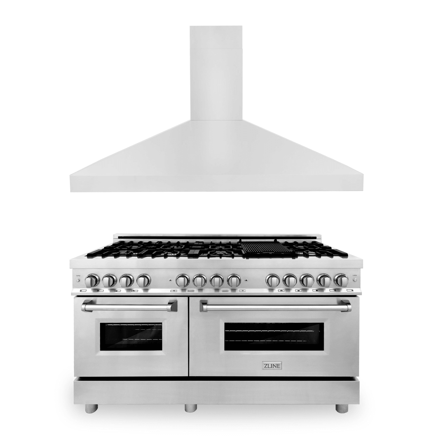 ZLINE 60 in. Kitchen Package with Stainless Steel Dual Fuel Range and Convertible Vent Range Hood (2KP-RARH60) - white background