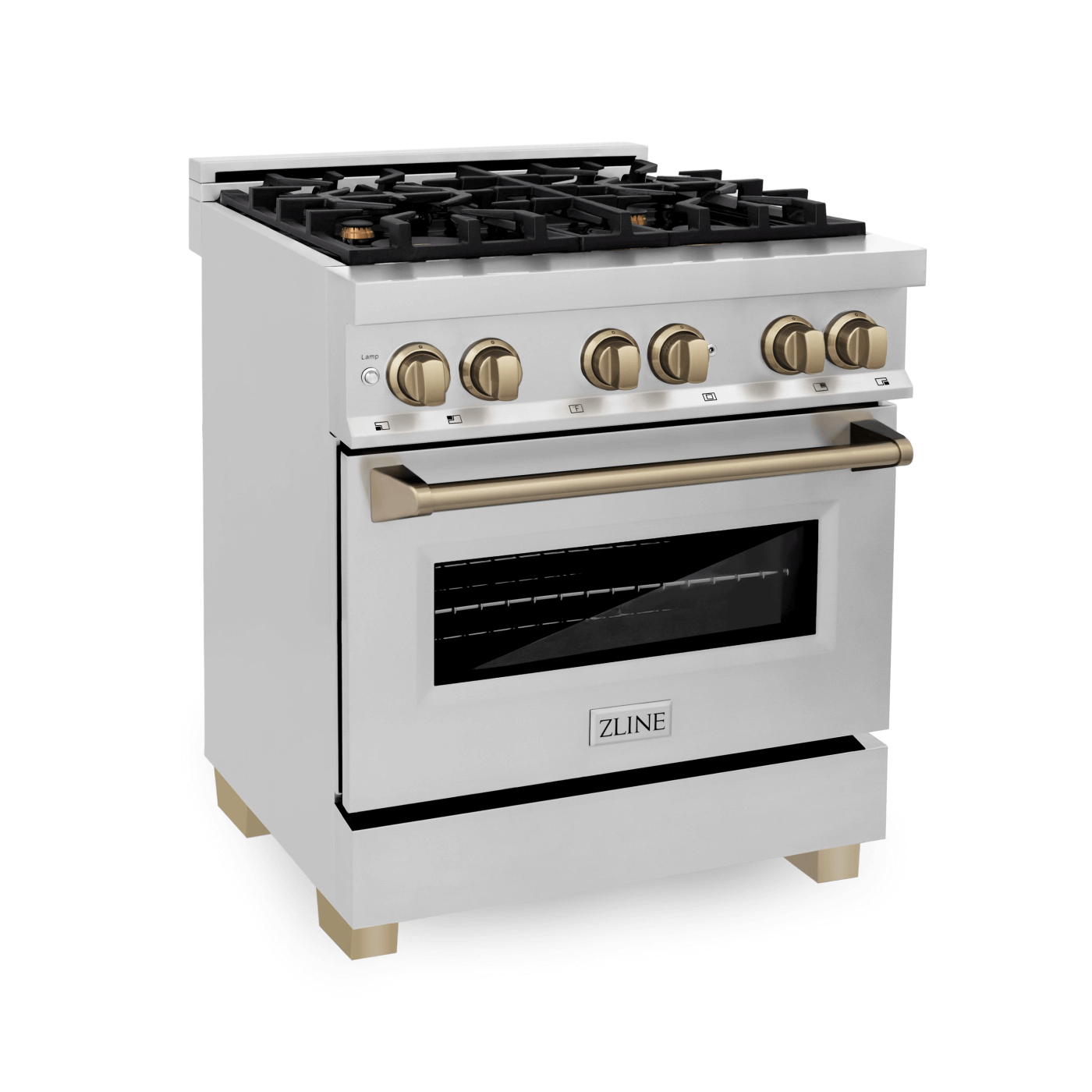 ZLINE Autograph Edition 30 in. 4.0 cu. ft. Dual Fuel Range with Gas Stove and Electric Oven in Stainless Steel with Champagne Bronze Accents (RAZ-30-CB) - white background