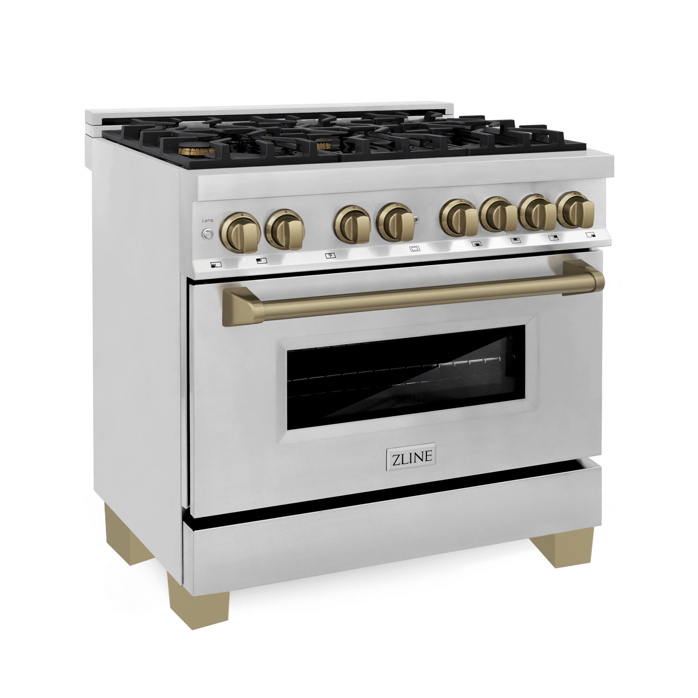 ZLINE Autograph Edition 36 in. 4.6 cu. ft. Dual Fuel Range with Gas Stove and Electric Oven in Stainless Steel with Champagne Bronze Accents  - white background