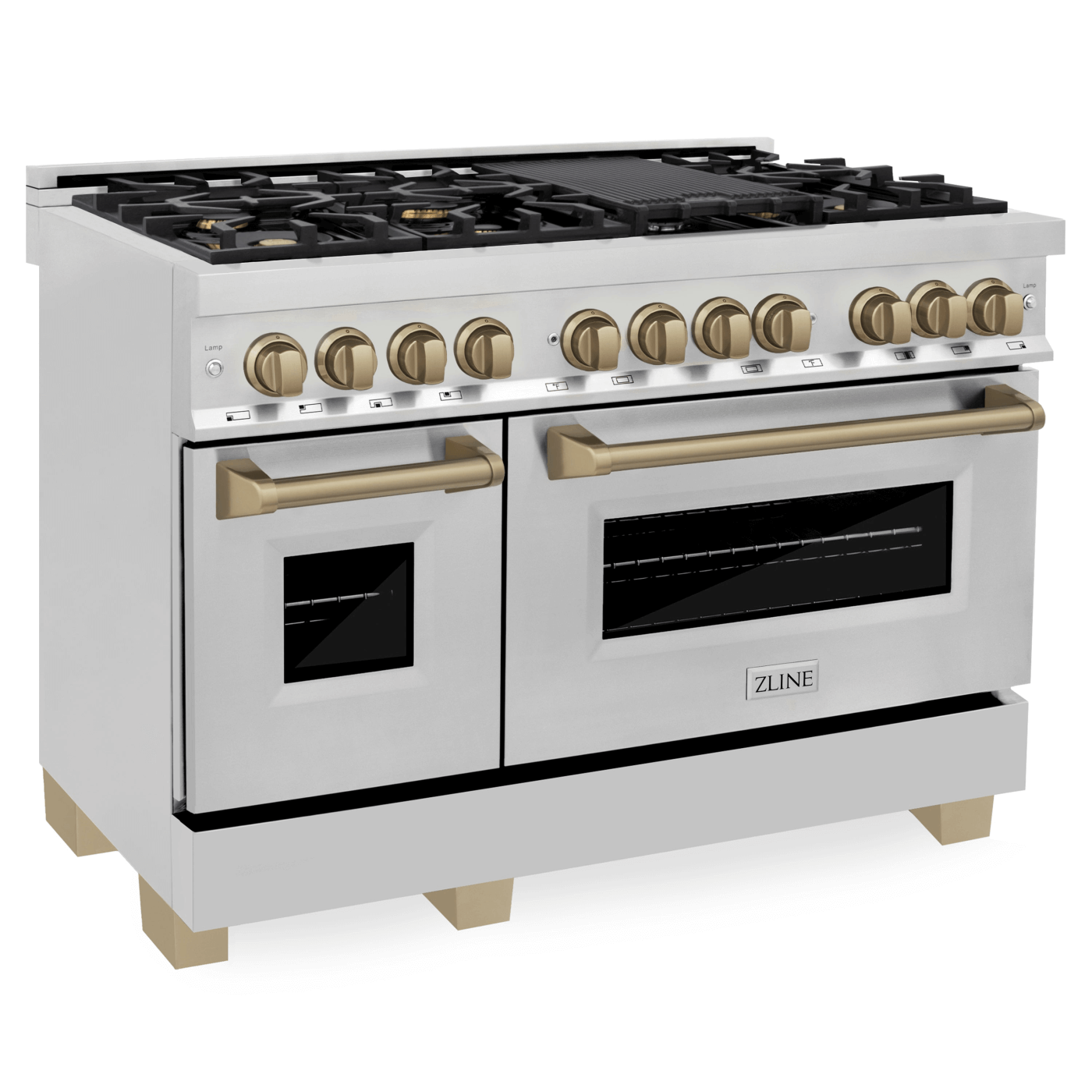 ZLINE Autograph Edition 48 in. 6.0 cu. ft. Dual Fuel Range with Gas Stove and Electric Oven in Stainless Steel with Champagne Bronze Accents (RAZ-48-CB) - white background
