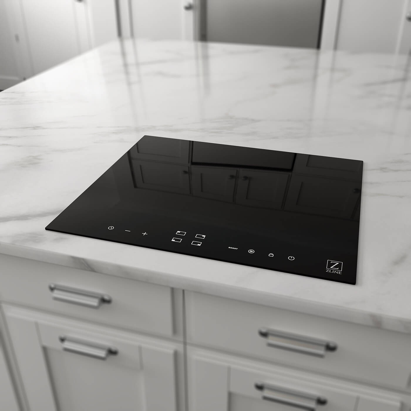 Small ZLINE Induction cooktop on marble kitchen island