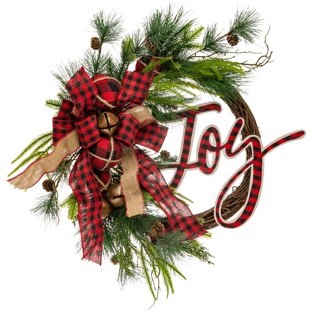 Boston International 27 in. Festive Joy Wreath with Burlap and Plaid Ribbons - white background