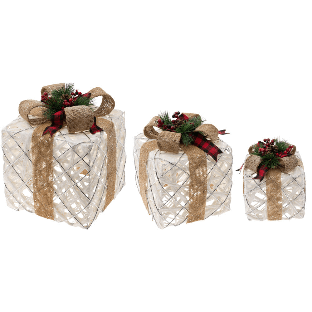 Boston International Set of 3 White Tabletop Nesting Gift Boxes with Burlap Ribbon - white background