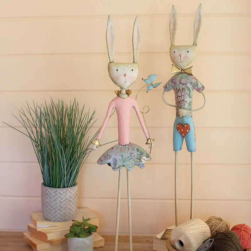 Kalalou Set of 2 Painted Metal Long Leg Boy and Girl Rabbits