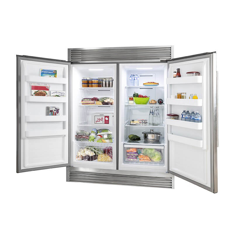 Forno 60-inch Refrigerator and Freezer with doors open and loaded with food