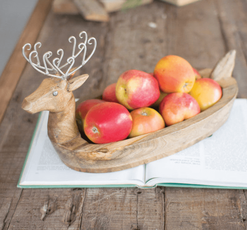 Kalalou Carved Mango Wood Reindeer Bowl with Metal Antlers