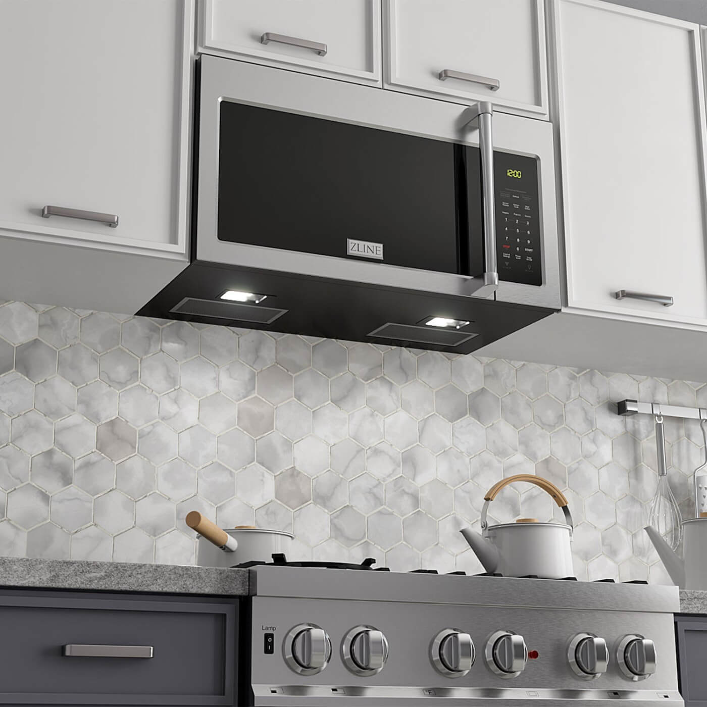 ZLINE Over-the-Range Microwave with cooktop lighting on in a farmhouse kitchen.