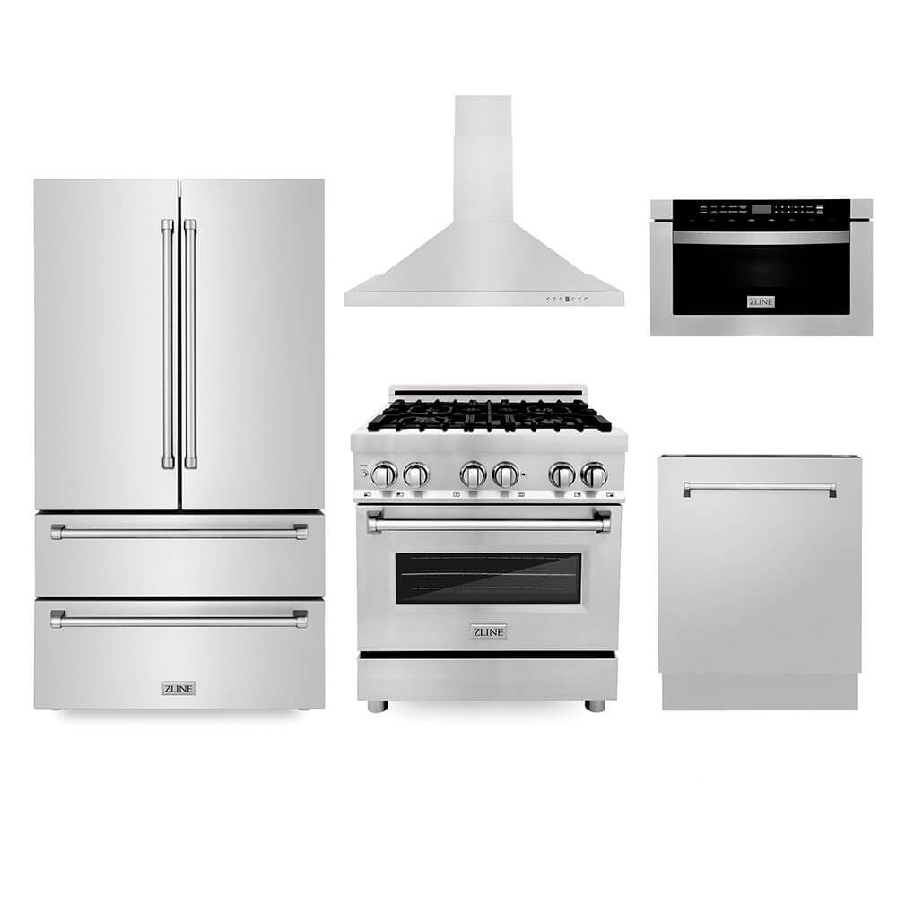 Kitchen appliance package containing microwave drawer, dishwasher, range, range hood, and refrigerator on a white background