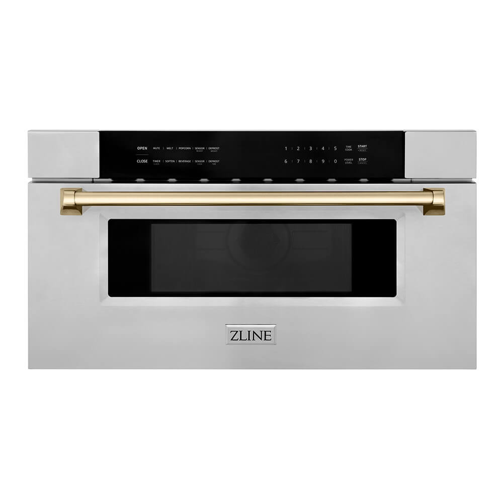 30 inch microwave drawer with a gold handle on a white background