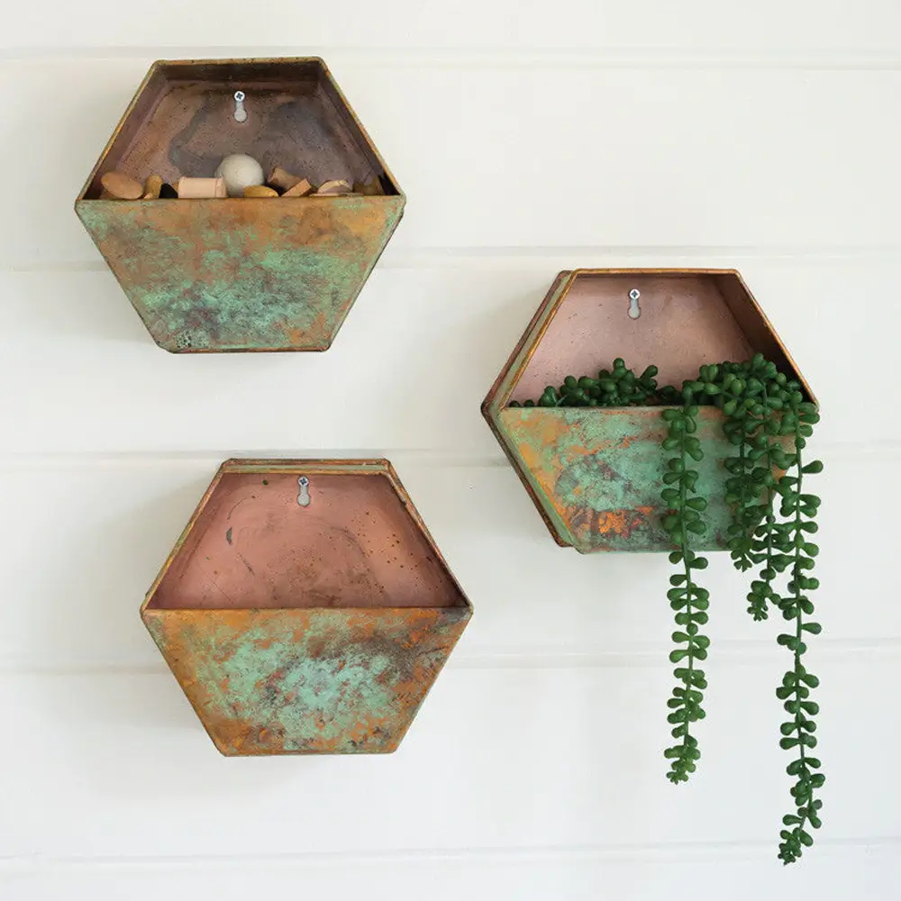 Kalalou Set Of Three Antique Copper Hexagon Wall Pockets