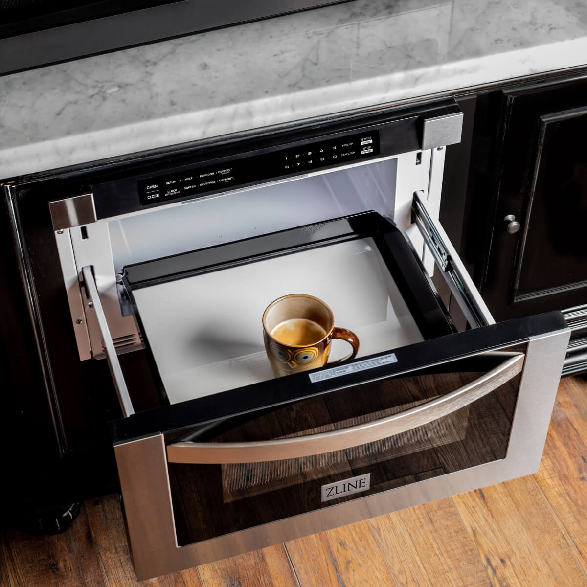 ZLINE-MWD-1-microwave-drawer-open-with-mug-of-coffe-inside
