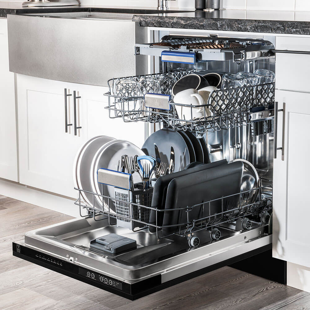 ZLINE Tallac Dishwasher with door open and dishes loaded in a luxury farmhouse kitchen