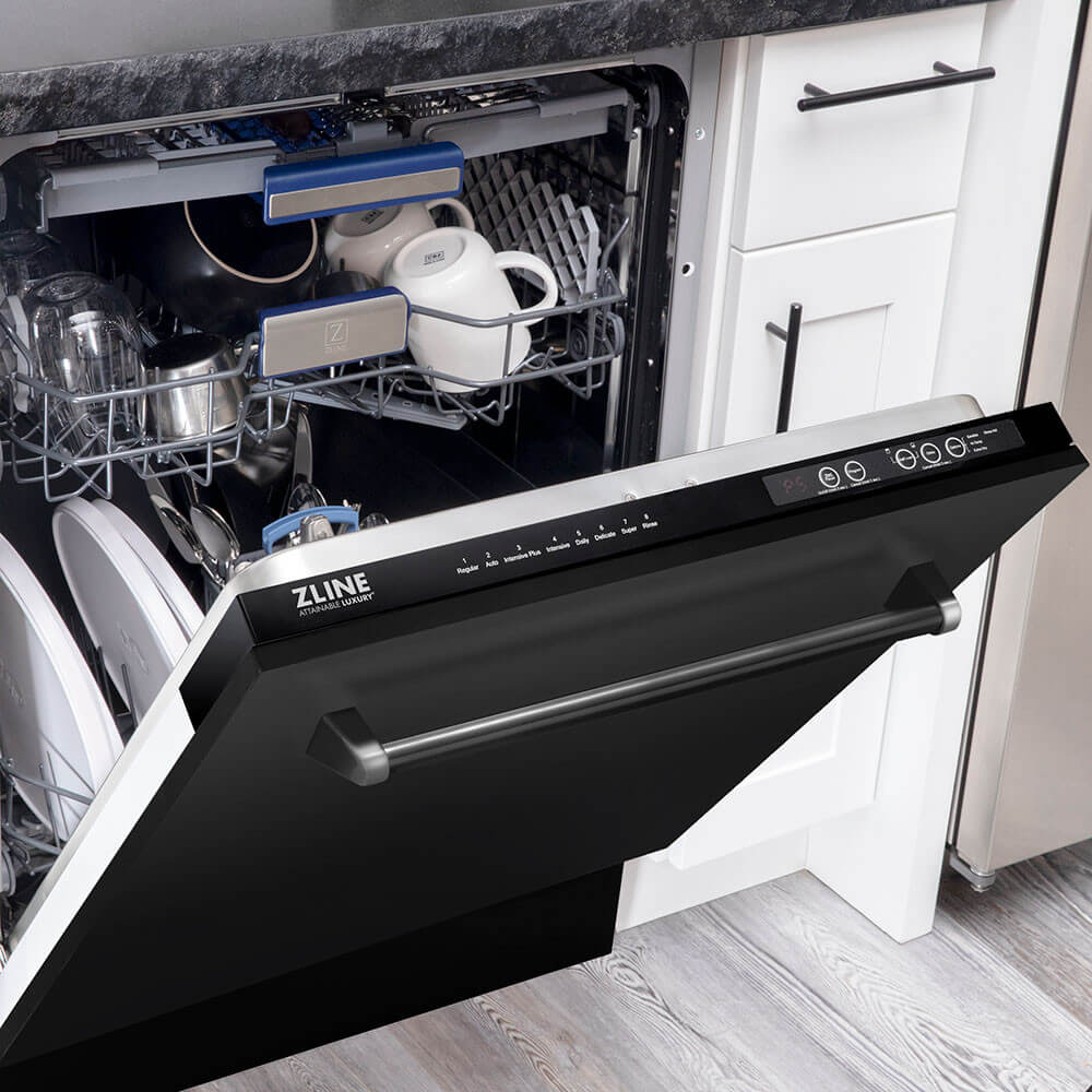 ZLINE 24 inch dishwasher with black stainless steel panel loaded with dishes in a kitchen with white cabinets