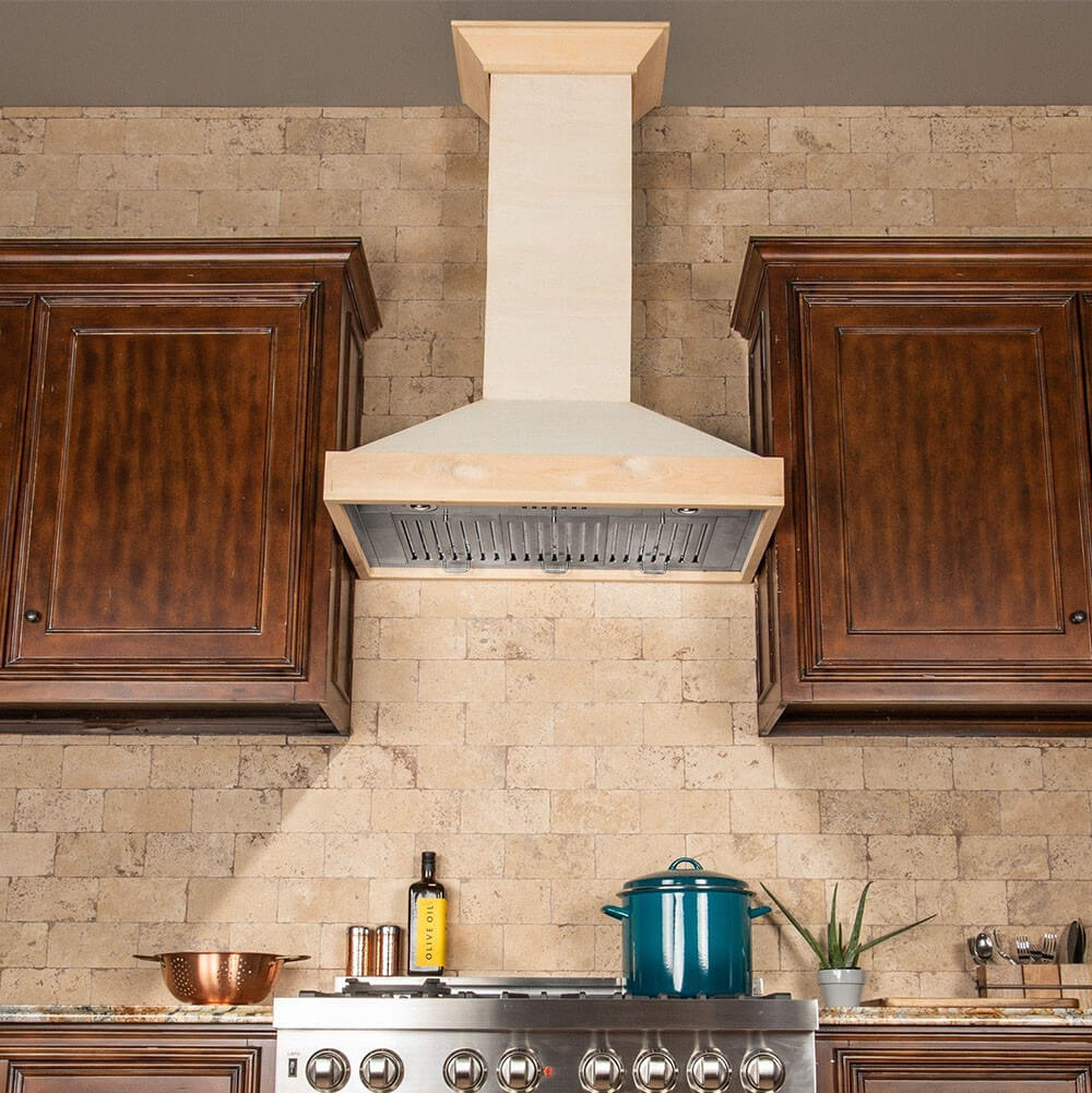 ZLINE KBUF wooden range hood in a rustic kitchen with brown cabinets