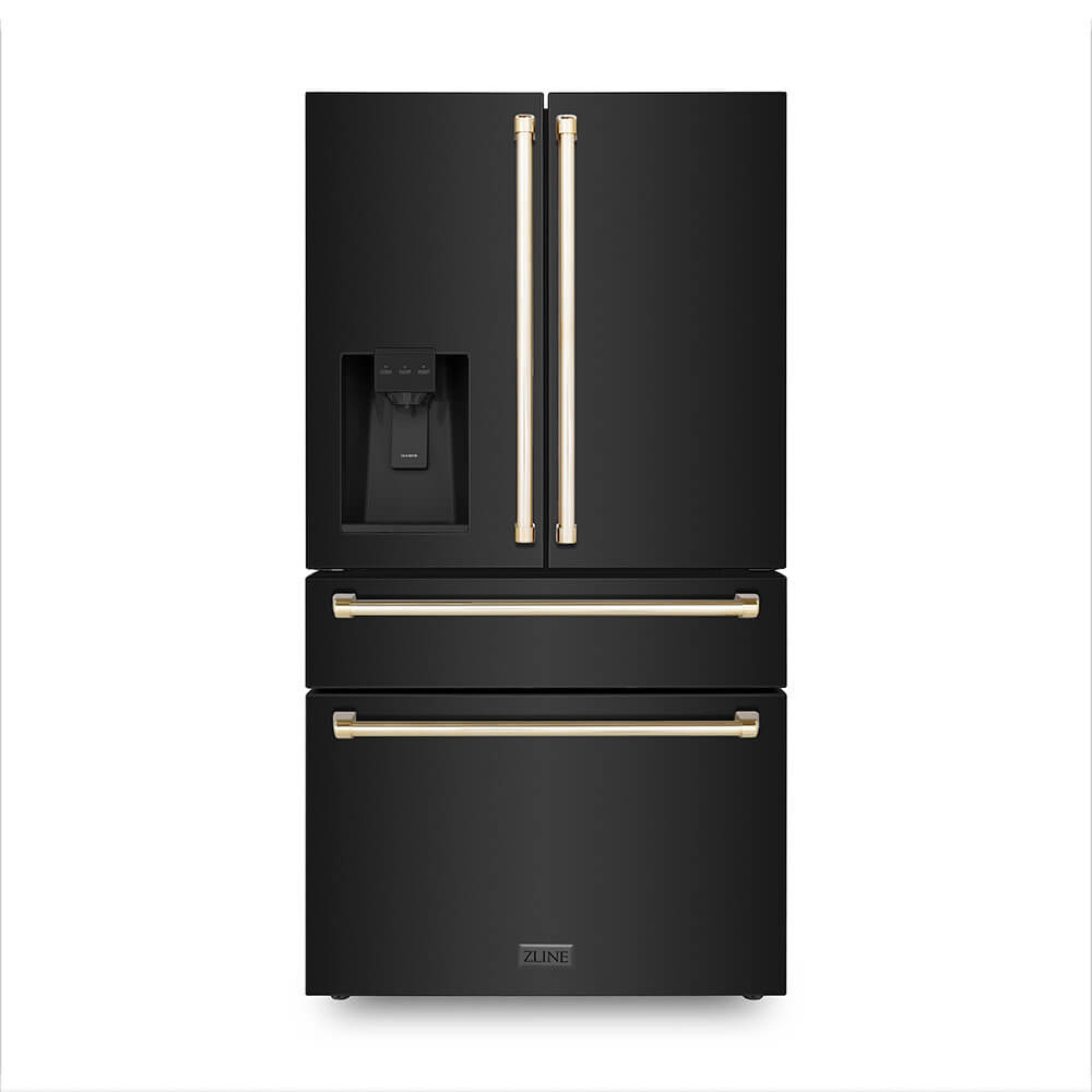 ZLINE refrigerator in black stainless steel with gold handles