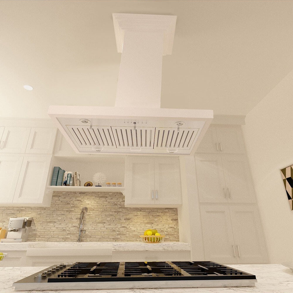 ZLINE KBiTT range hood in a kitchen with a gas cooktop and white cabinets