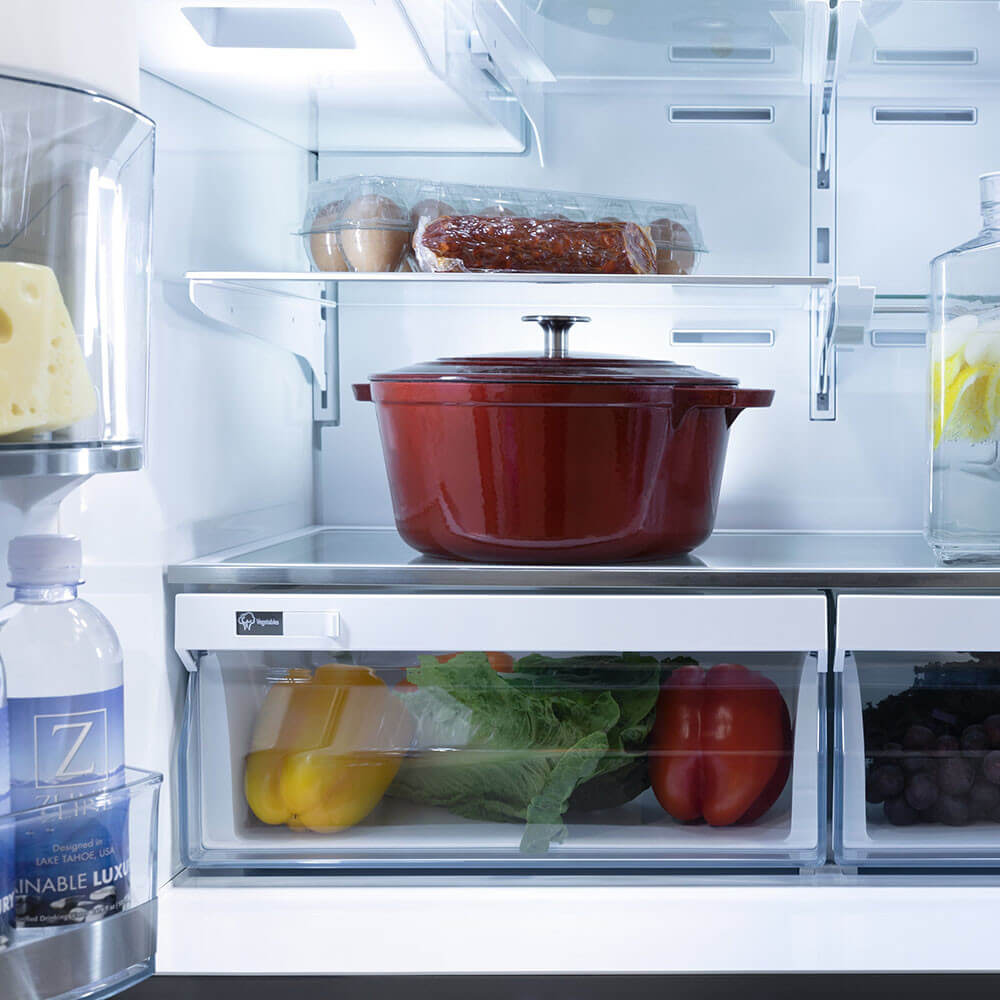 ZLINE refrigerator interior with vegetables and a large red pot inside