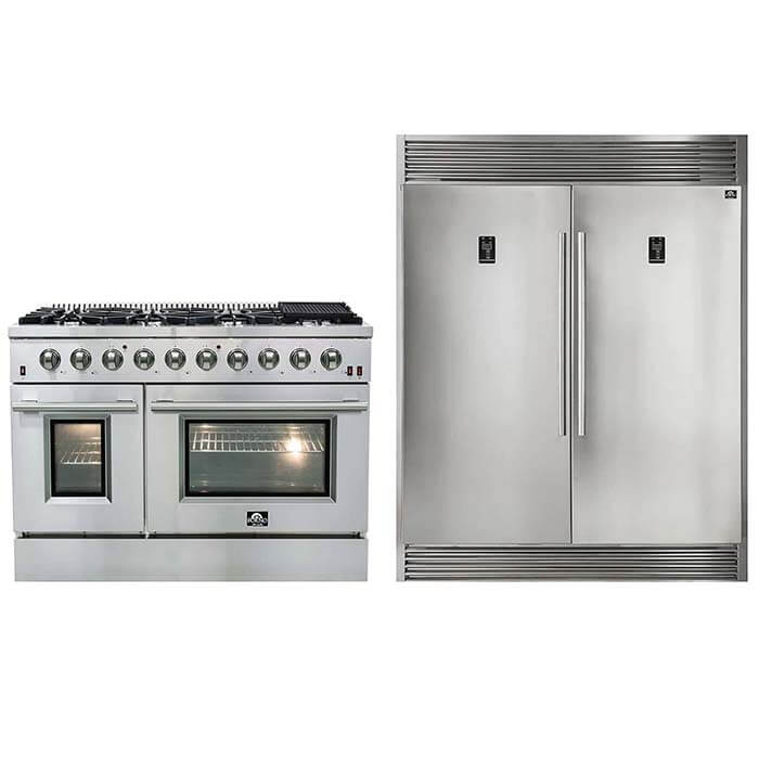 Forno Gas Range and Professional Refrigerator on a white background.