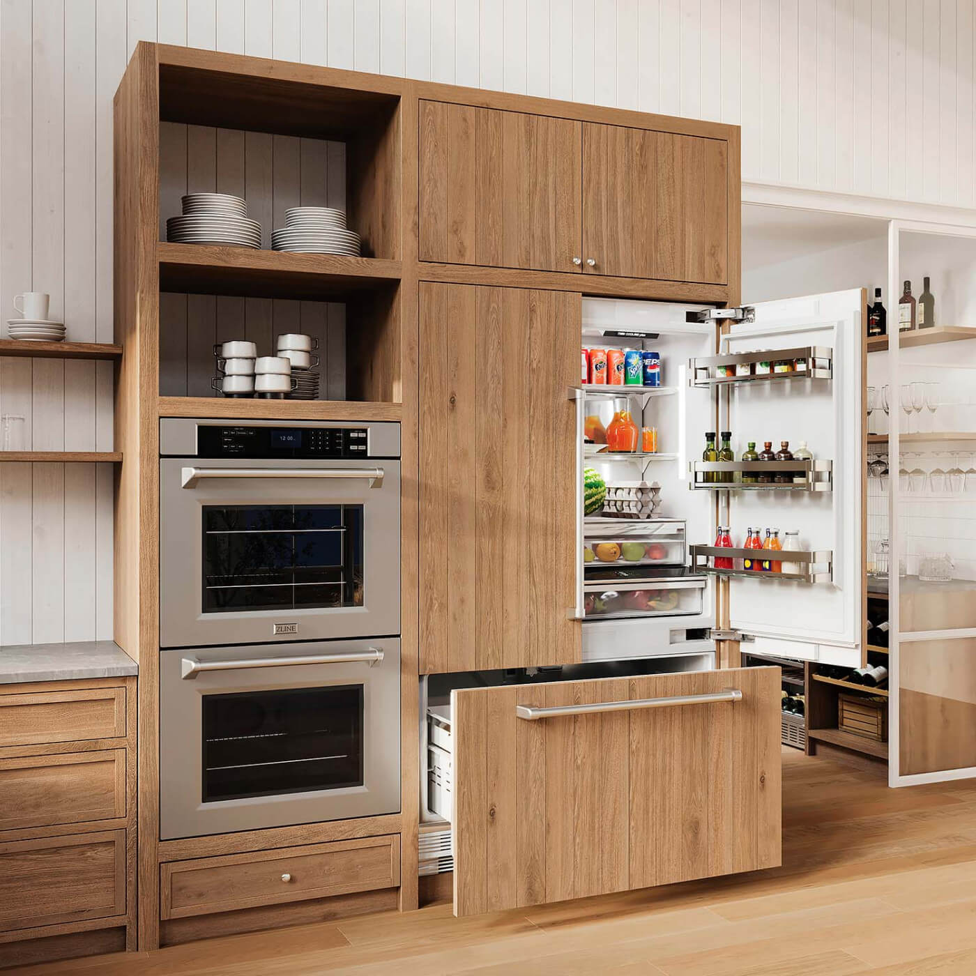 Panel-ready refrigerator with custom wood panel.