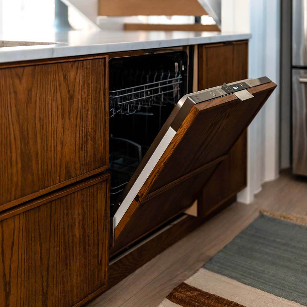 Dishwasher with custom aged-wood panel.
