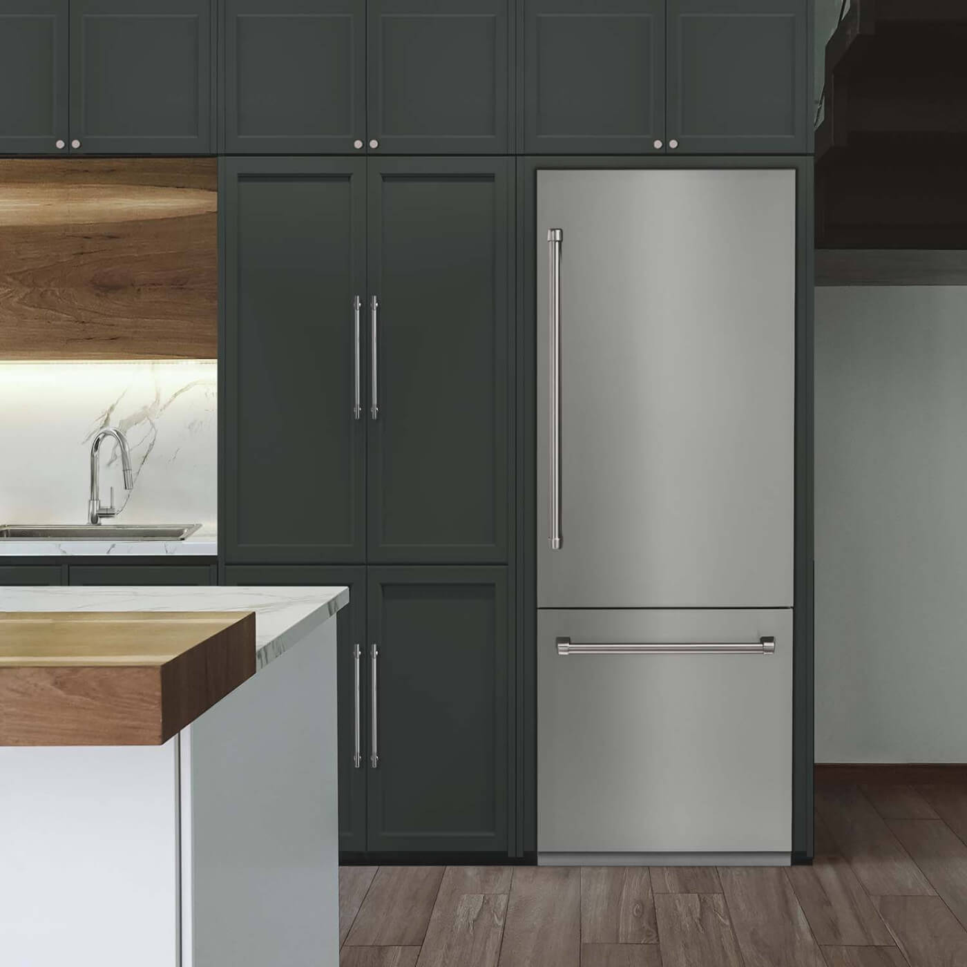 Built-in refrigerator in luxury kitchen.