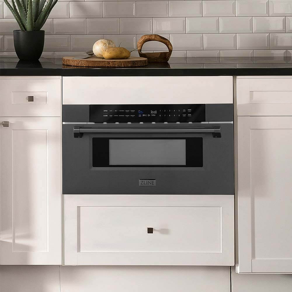 ZLINE Black Stainless Steel Microwave Oven in Rustic Kitchen