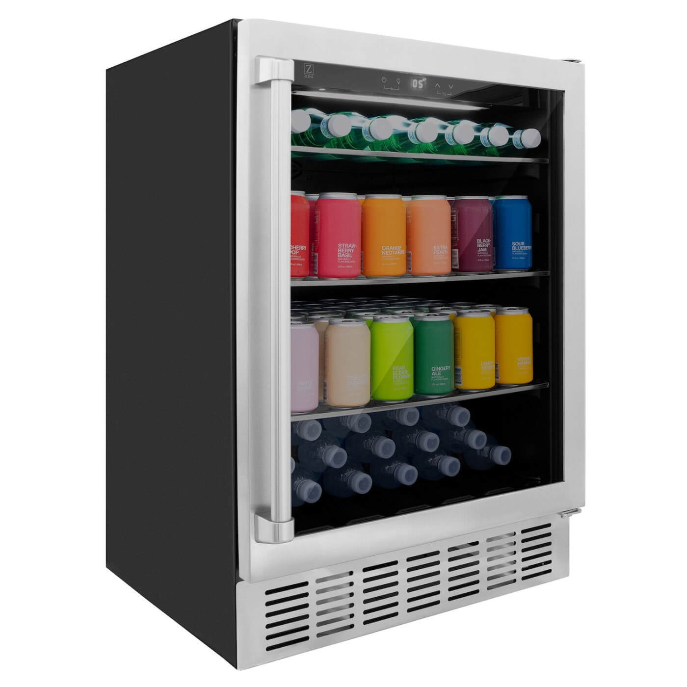 ZLINE beverage fridge with colorful cans inside.