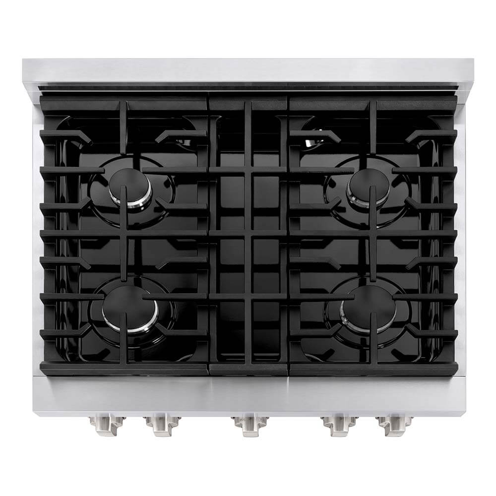 30 inch black porcelain cooktop on ZLINE gas range.
