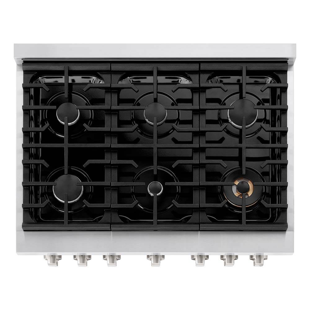 ZLINE gas range cooktop with 6 Italian-made burners.