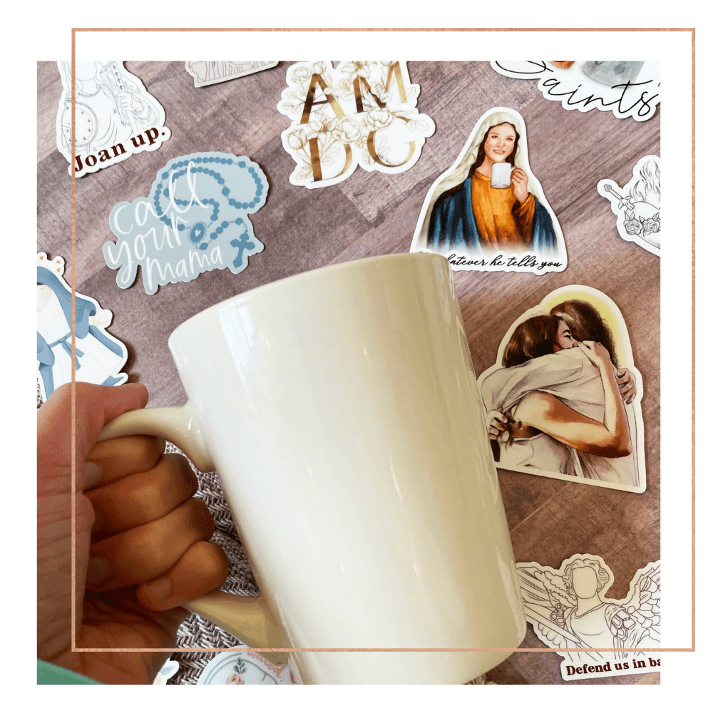Create your own Catholic mug gift with our dishwasher safe stickers