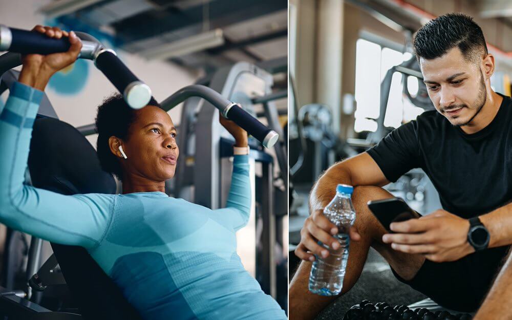 Two people work out in a connected gym