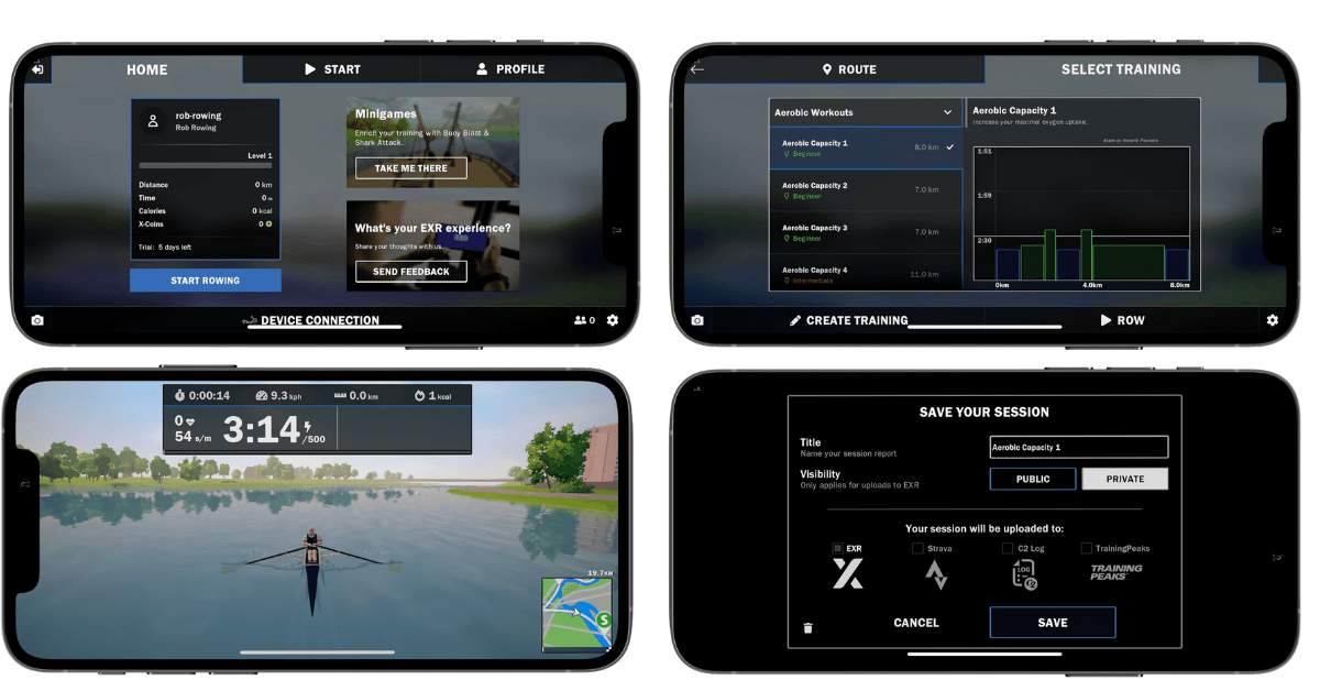 EXR rowing app screenshots